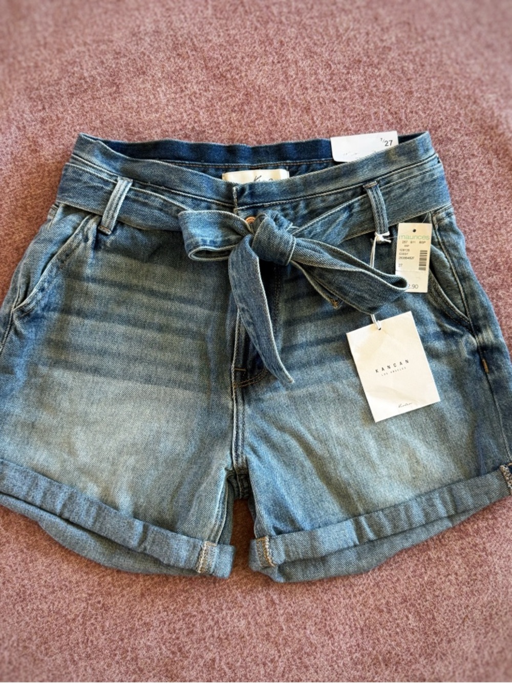 KanCan Medium Wash Denim Tie-Front Roll-Hem Shorts - Blue